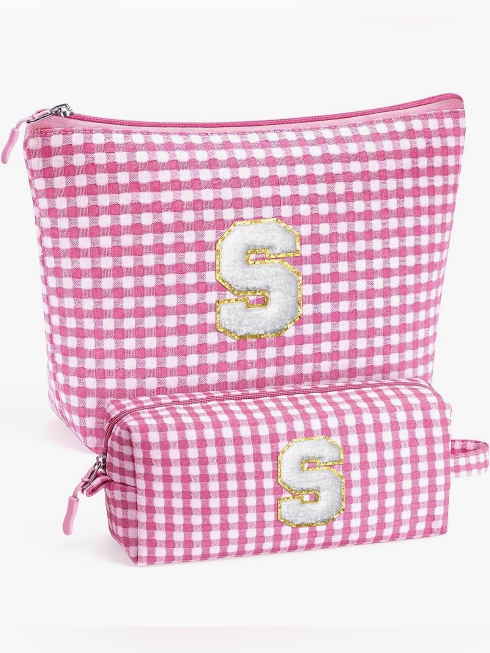 Pink Gingham Cosmetic Pouch Set with 'S' Monogram